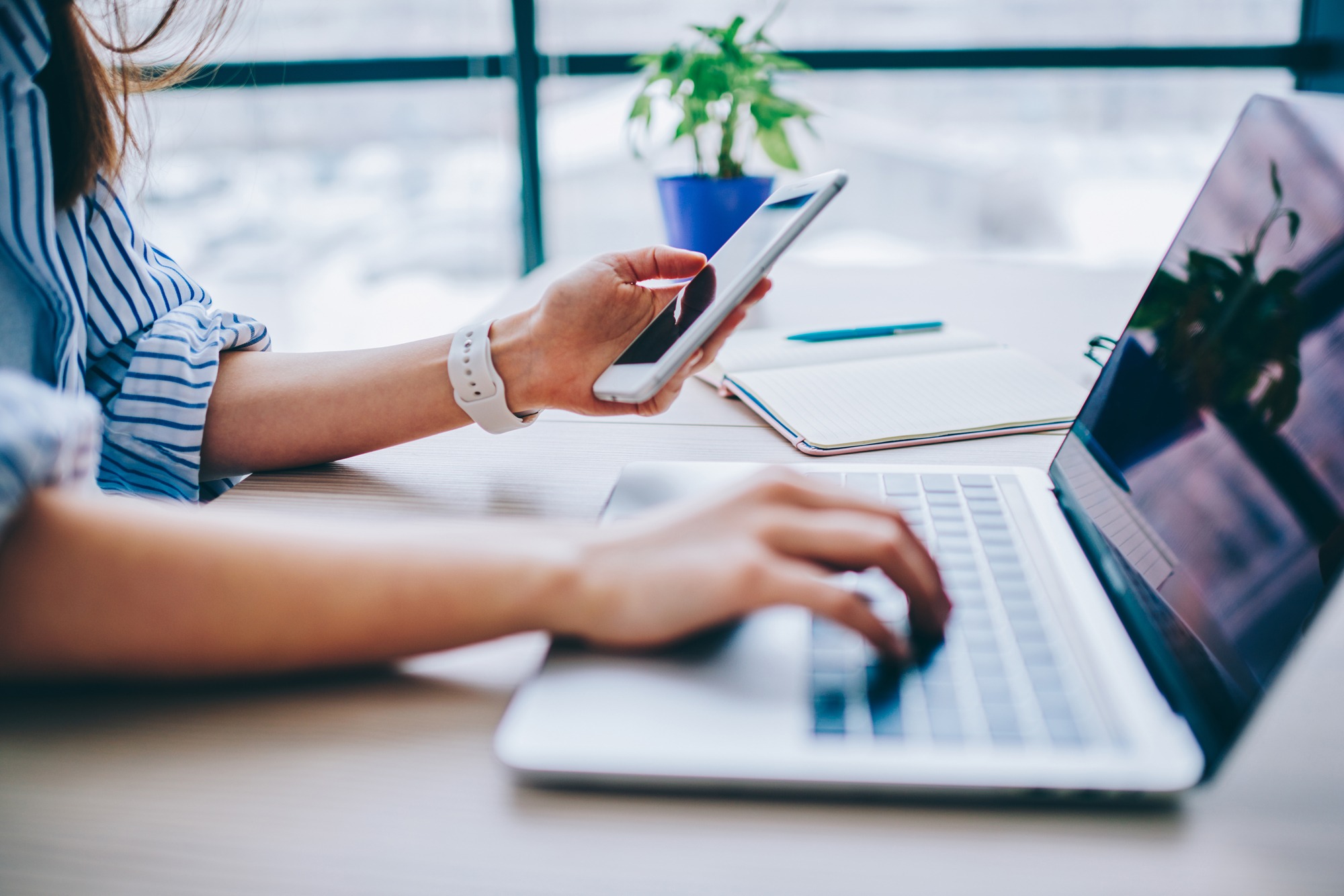Female Holding Smartphone Getting Message With Confirmation Making Transaction On Laptop Computer